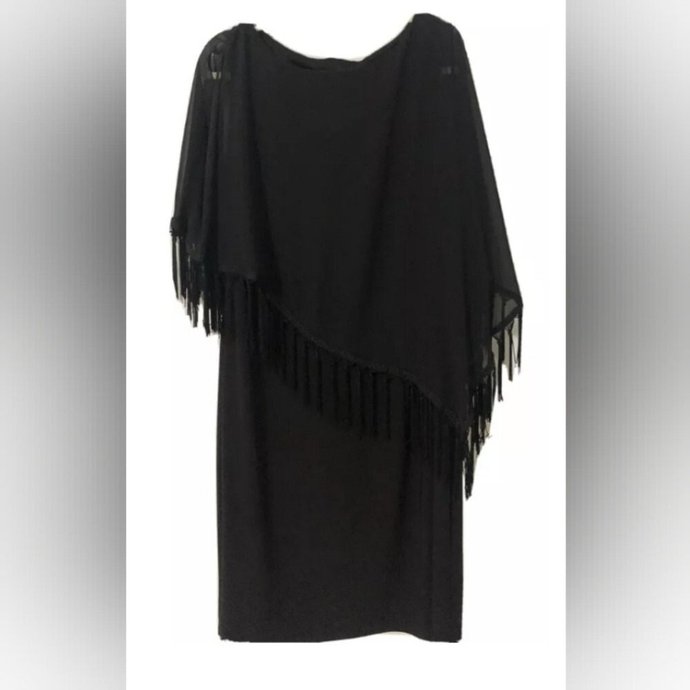 R&M Richards Womens Black Popover Cape Fringe Sheath Dress Size 12 Made in USA